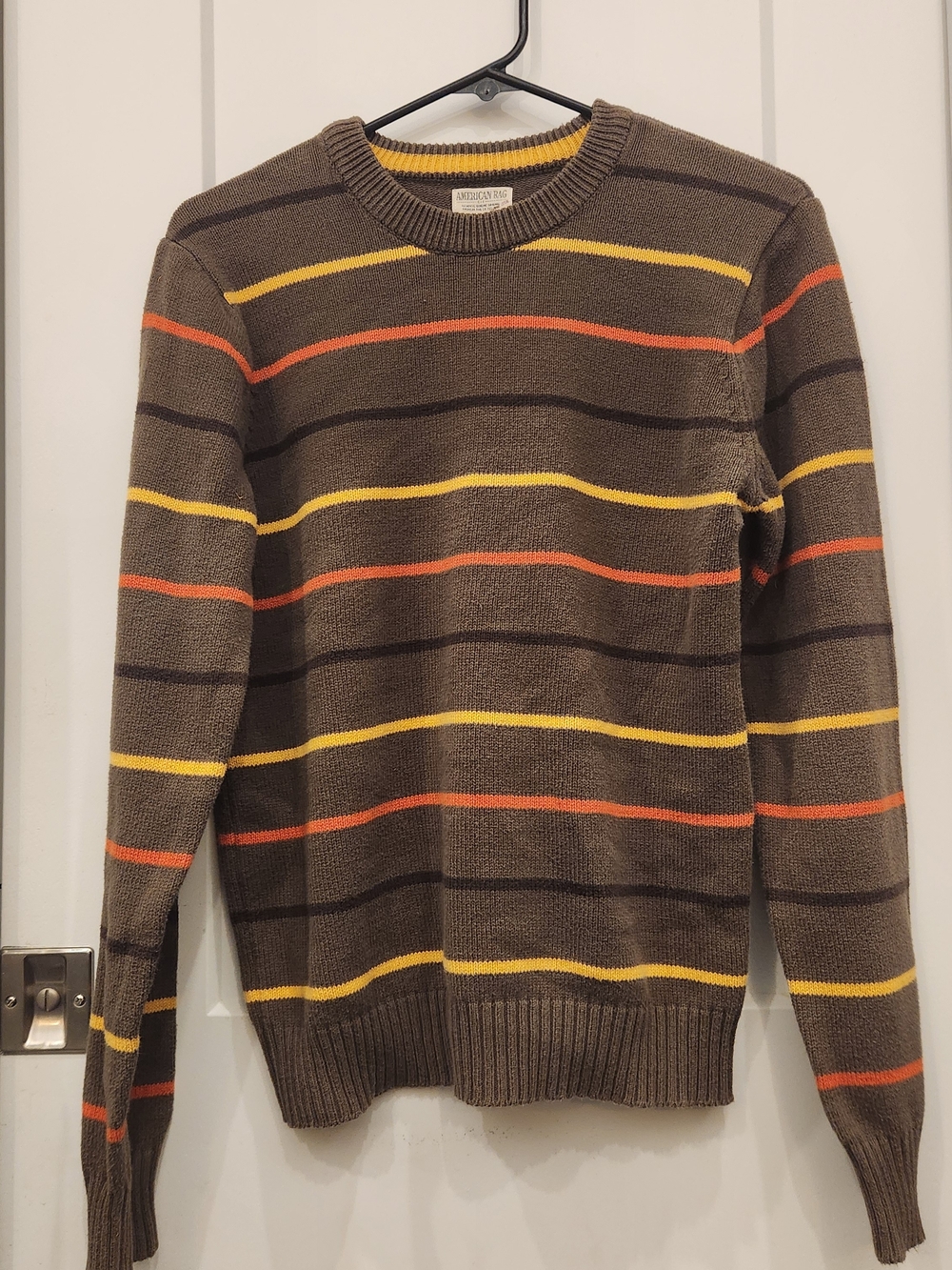 American Rag Brown Crewneck Sweater with Yellow & Orange Stripes